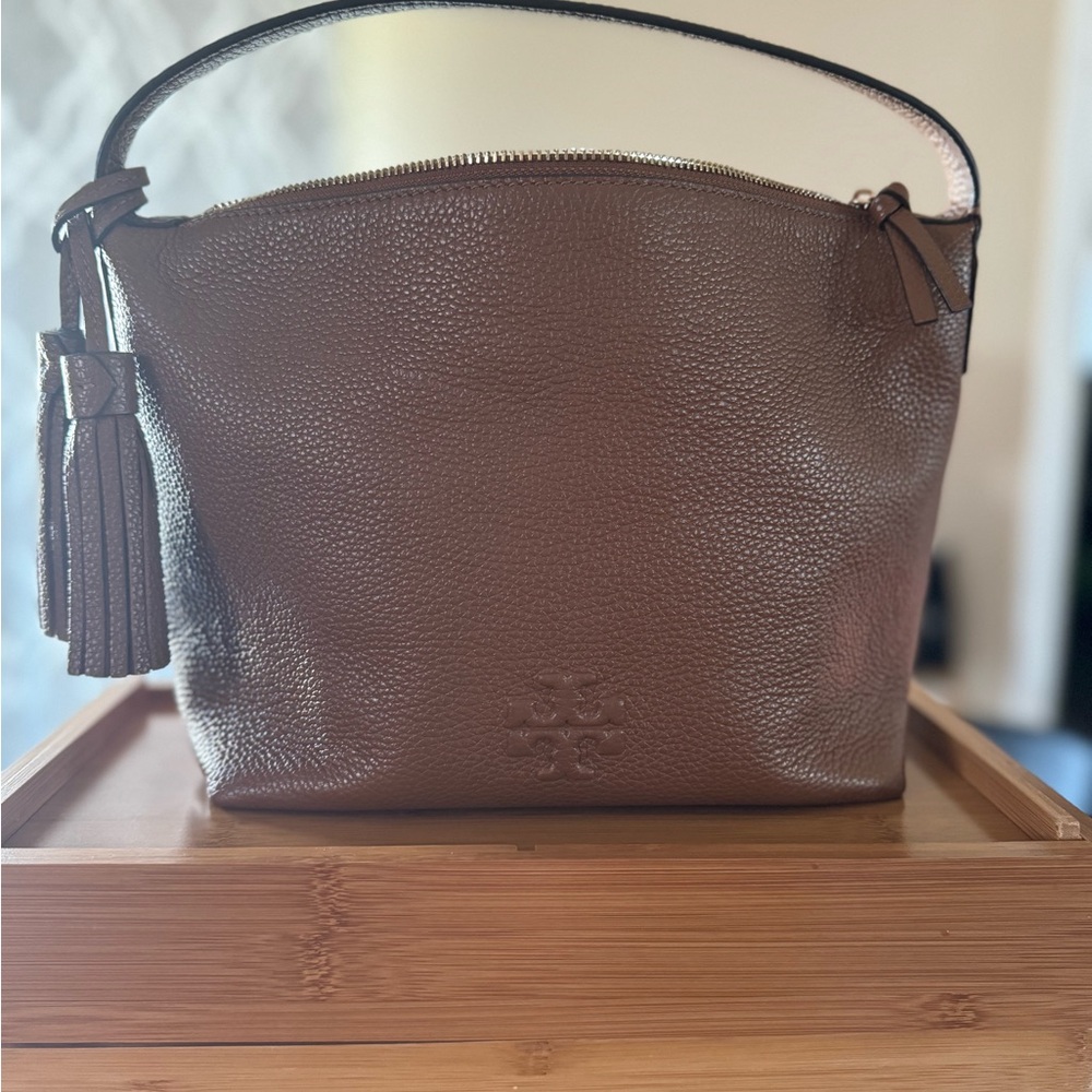 Tory Burch Brown Pebbled Leather Hobo Satchel with Tassel - Picture 5 of 9